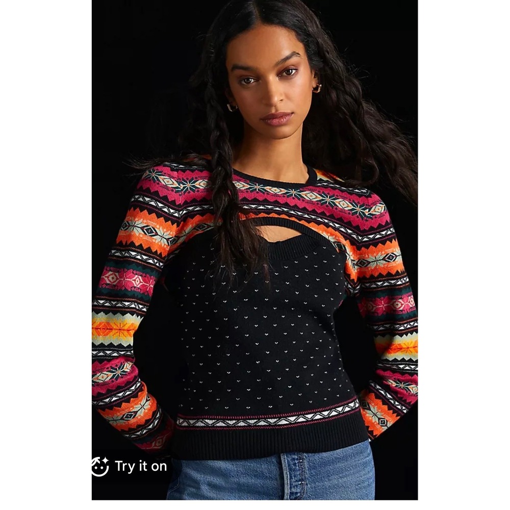 Maeve Abstract Shrug Set Women Small Black Multi Fair Isle Knit 2-Piece